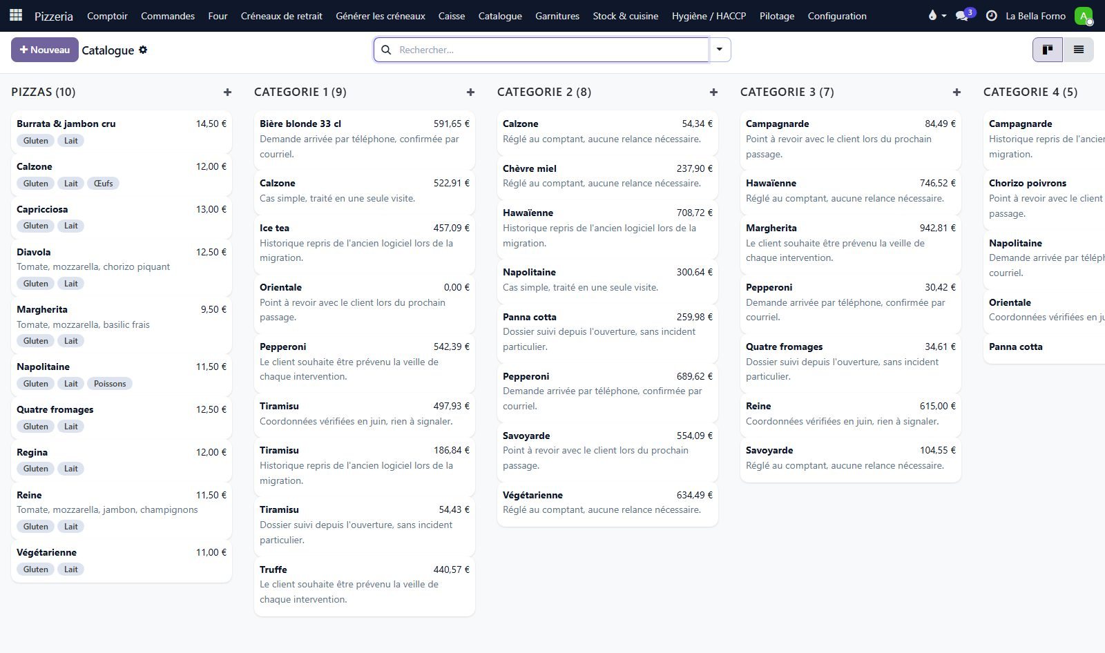 Logiciel de pizzeria — écran Catalogue